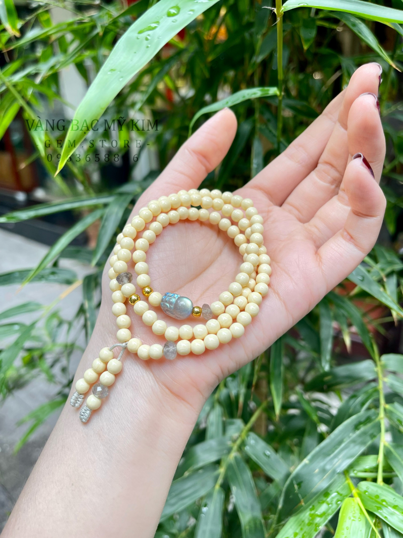 Chuỗi Vòng Phong Thủy mix Tỳ Hưu Đá Mặt Trăng - Vàng 24k