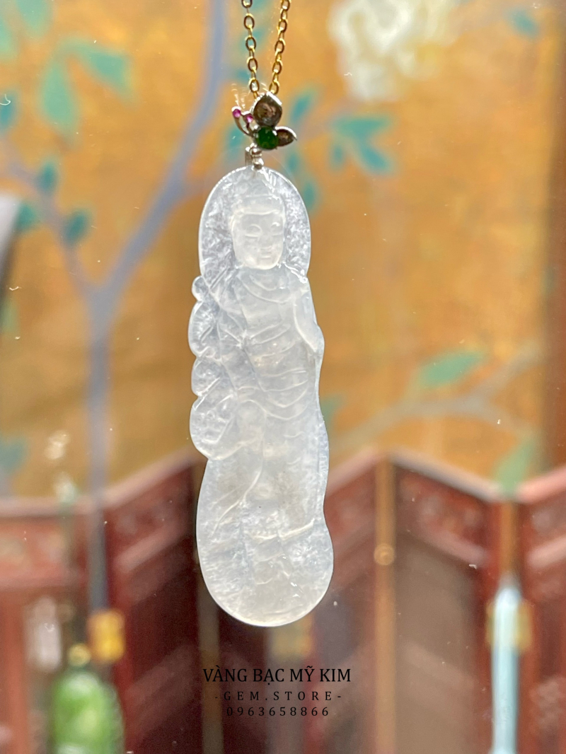 Mặt Phật Quan Thế Âm - Băng Ngọc Phỉ Thúy - Jadeite - Vàng Trắng 18k