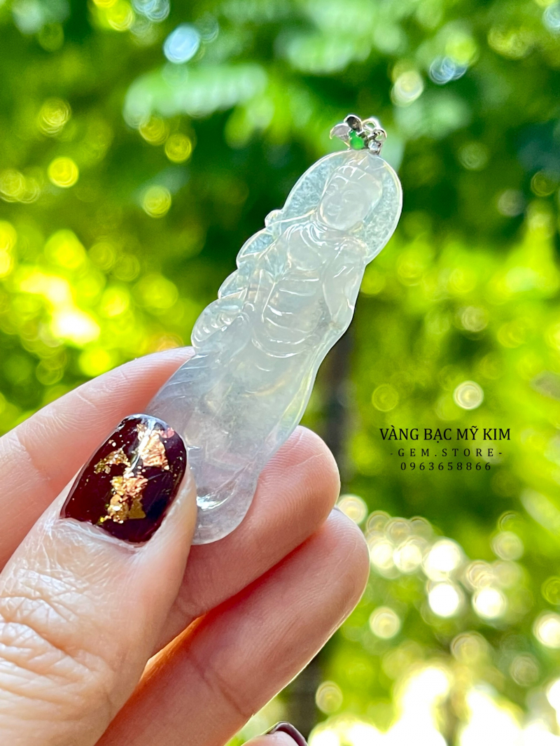 Mặt Phật Quan Thế Âm - Băng Ngọc Phỉ Thúy - Jadeite - Vàng Trắng 18k