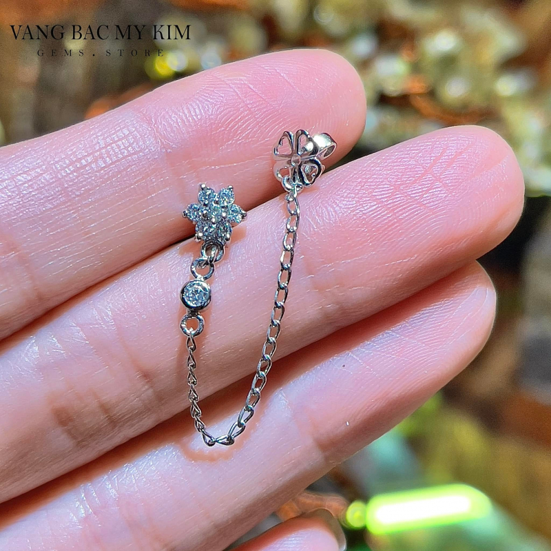 Bông Tai Hoa Đính Đá Dây Xích - Bạc si Vàng Trắng 18k Cao Cấp