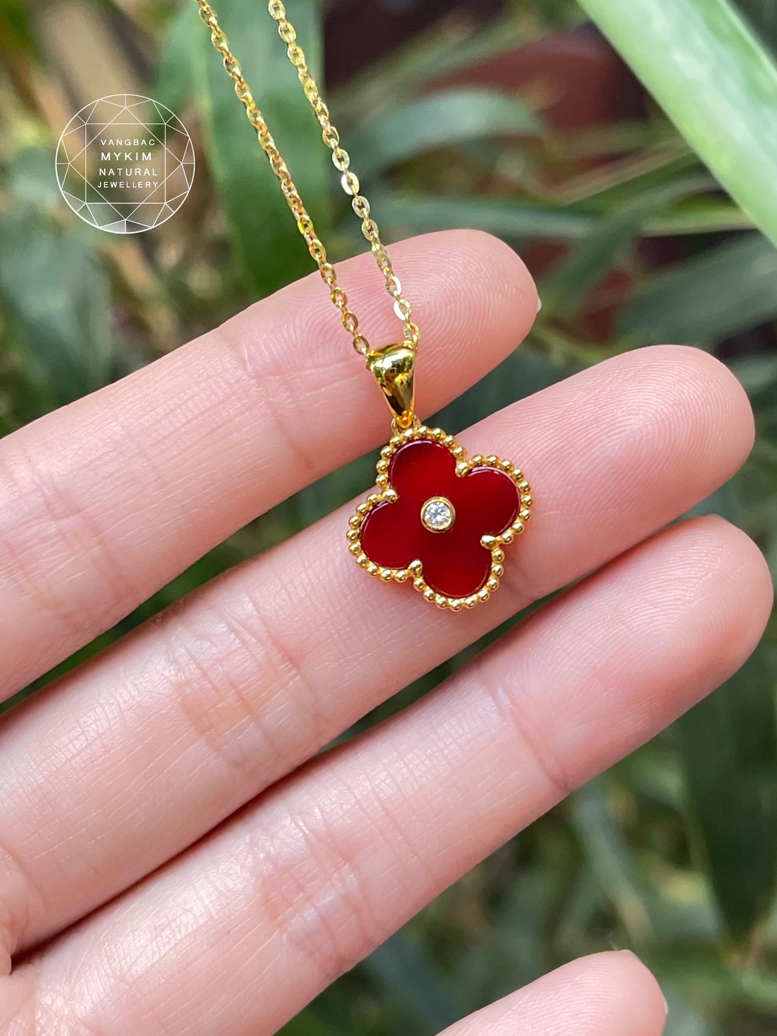 Mặt dây Cỏ Bốn Lá - Mã Não Đỏ cam đính Kim Cương TN - Vàng 10k