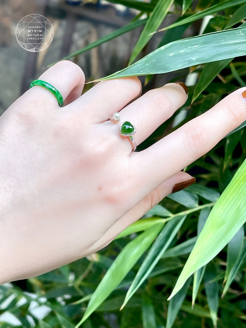 Nhẫn Ngọc Bích Trái Tim • Bạc Si Vàng Trắng 18k • Trang Sức Tình Yêu & Bình An