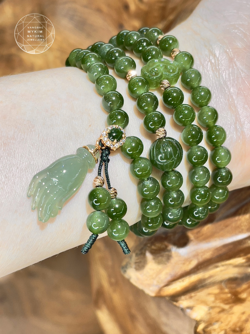 Chuỗi Vòng Ngọc Bích Nephrite - Charm Bàn Tay Phật Băng Ngọc Phỉ Thúy Jadeite VIP - Vàng Hồng 18k