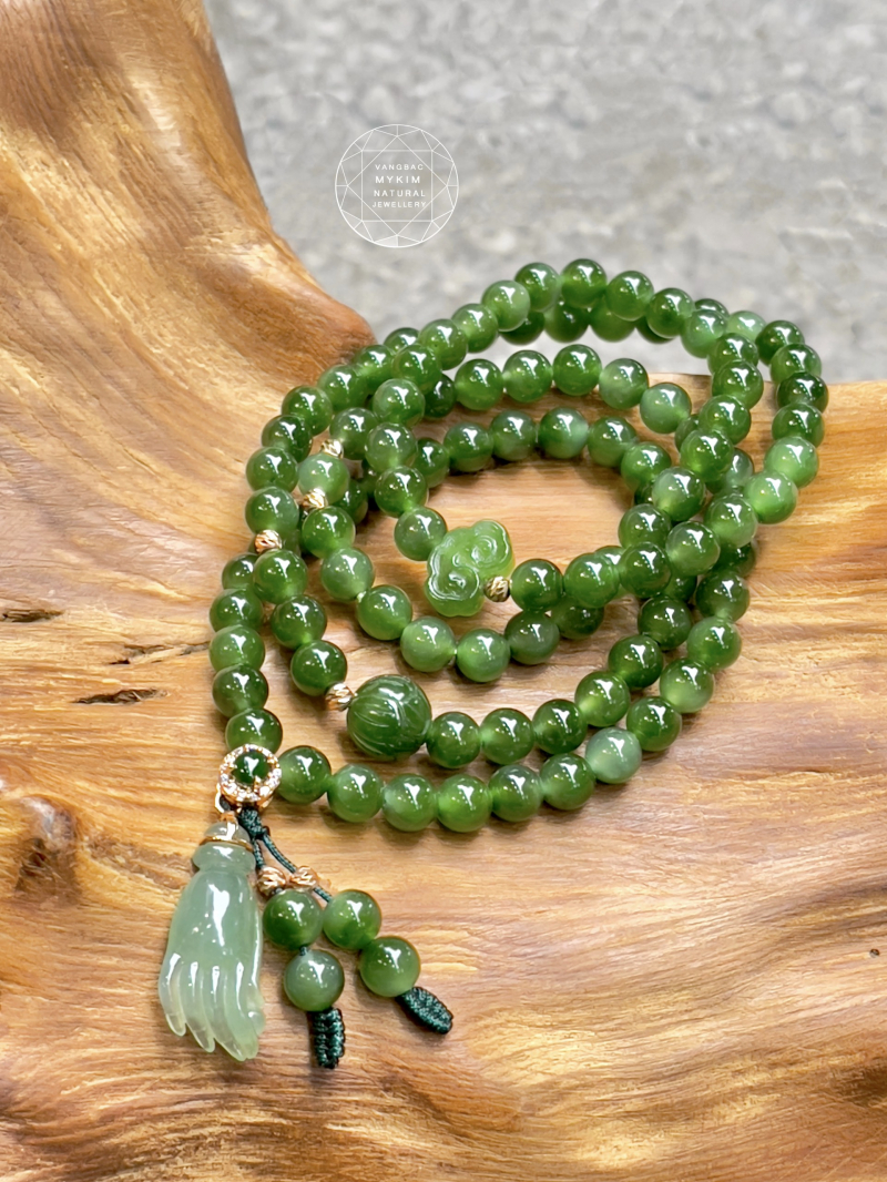 Chuỗi Vòng Ngọc Bích Nephrite • Charm Bàn Tay Phật Băng Ngọc Phỉ Thúy Jadeite VIP • Vàng Hồng 18k • Trang Sức Phong Thủy Tài Lộc, Bình An