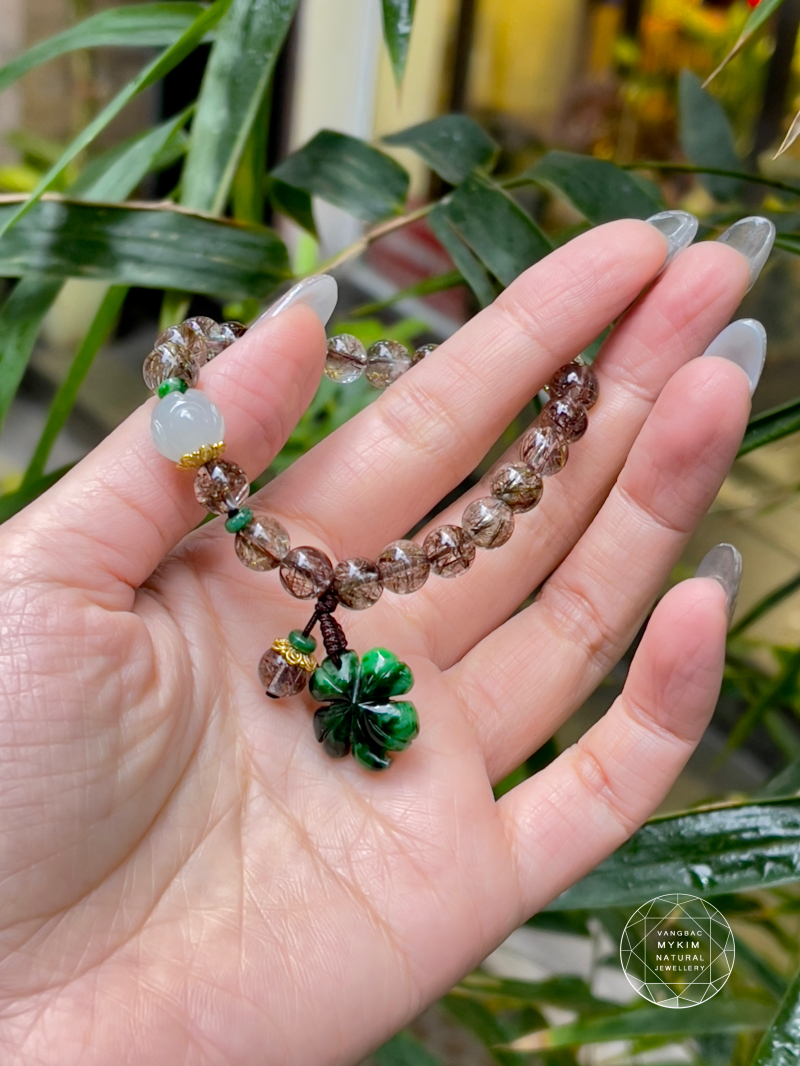 🌿 Vòng Thạch Anh Tóc Nâu – Hoa Sen Phỉ Thúy & Cỏ Bốn Lá | Tinh thần thanh lọc và viên mãn