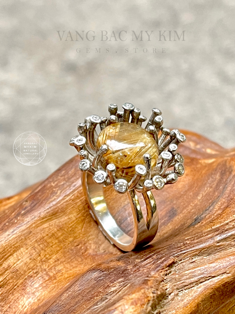 Nhẫn Thạch Anh Tóc Vàng Vip đính Kim Cương Moissanite - Bạc si vàng trắng Bông Hoa