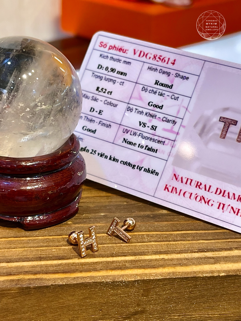 Bông Tai Chữ Vàng Hồng 18k đính Kim Cương TN