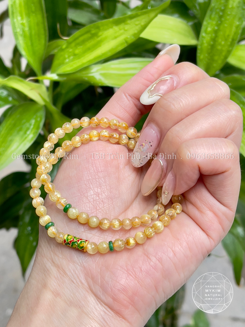 🌟 Vòng Thạch Anh Tóc Vàng Size Nhỏ Mix Ngọc Jadeite Xanh & Charm Vàng | Vòng Đá Tự Nhiên