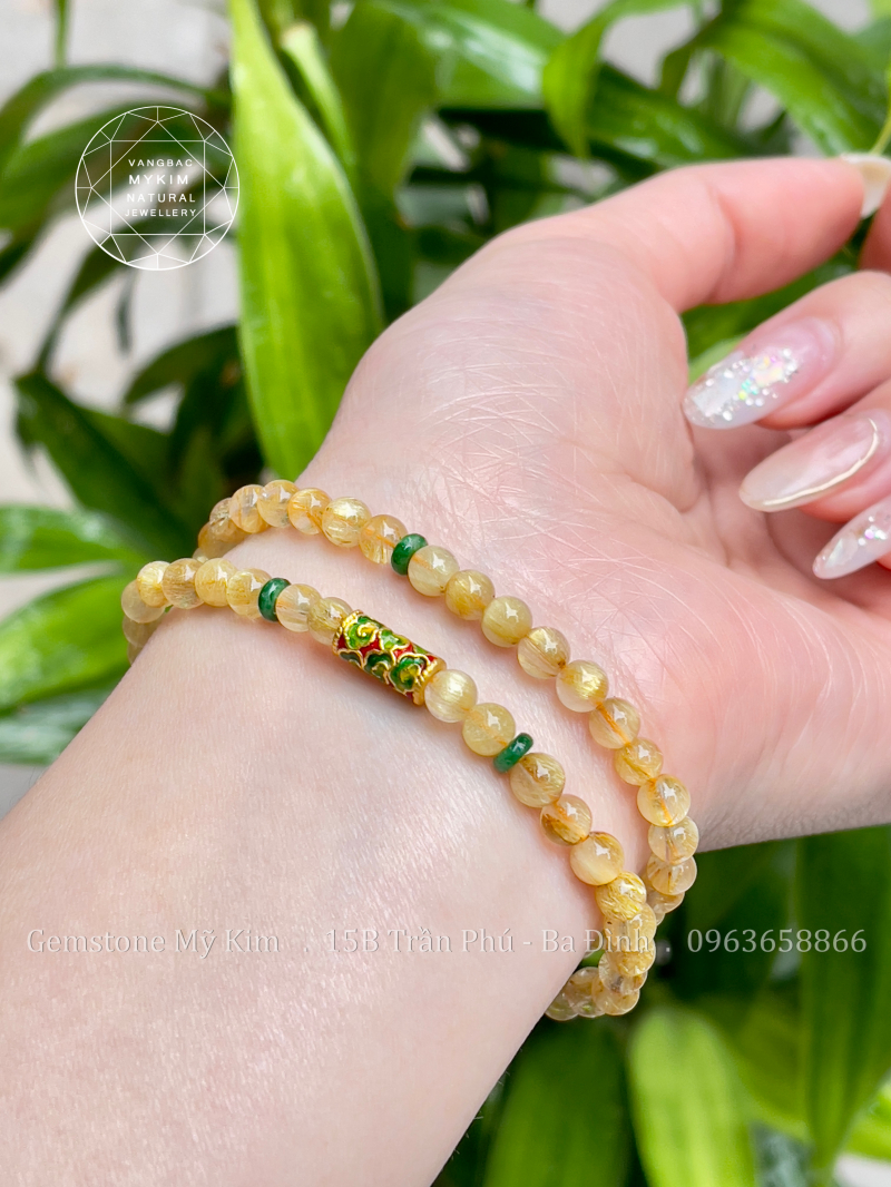 🌟 Vòng Thạch Anh Tóc Vàng Size Nhỏ Mix Ngọc Jadeite Xanh & Charm Vàng | Vòng Đá Tự Nhiên
