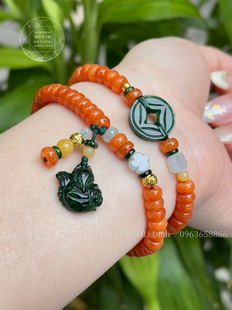 🧡 Bộ Vòng Ngọc Phỉ Thúy Cam – Mix Vàng & Charm Hồ Ly - Đồng Xu Cổ