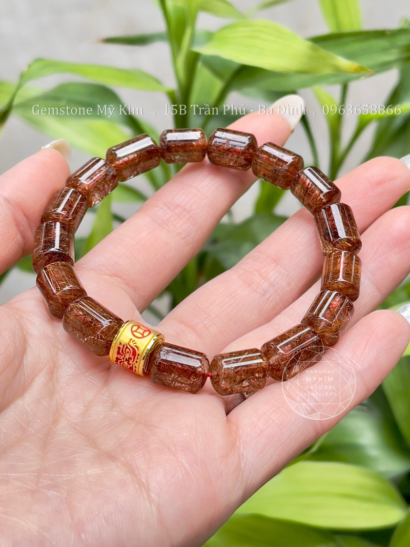 Vòng Thạch ANh Tóc Nâu Đỏ Vip - Lu Thống - Mix Charm Vàng 24k