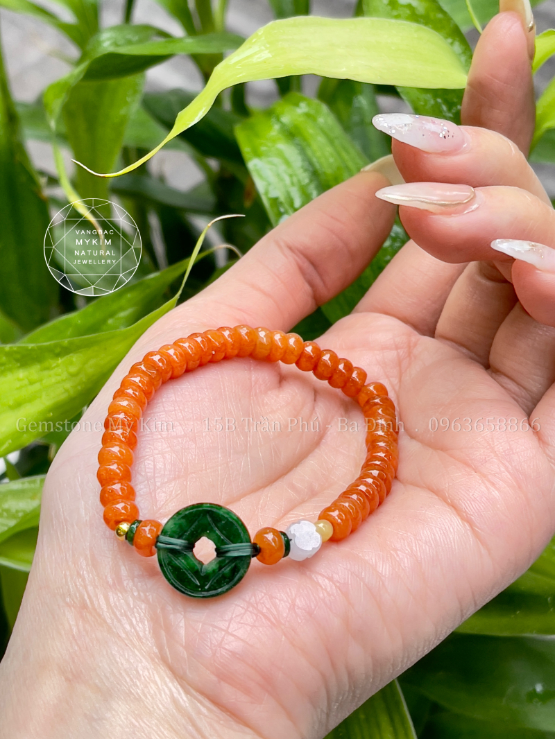 🧡 Bộ Vòng Ngọc Phỉ Thúy Cam – Mix Vàng & Charm Hồ Ly - Đồng Xu Cổ