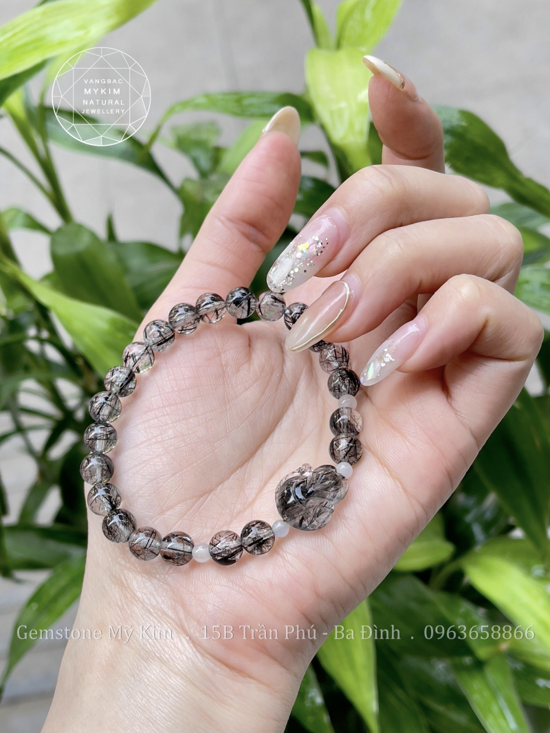 🖤 Vòng Tay Thạch Anh Tóc Đen 6mm – Hồ Ly Điêu Khắc – Mix Ngọc Phỉ Thúy Băng