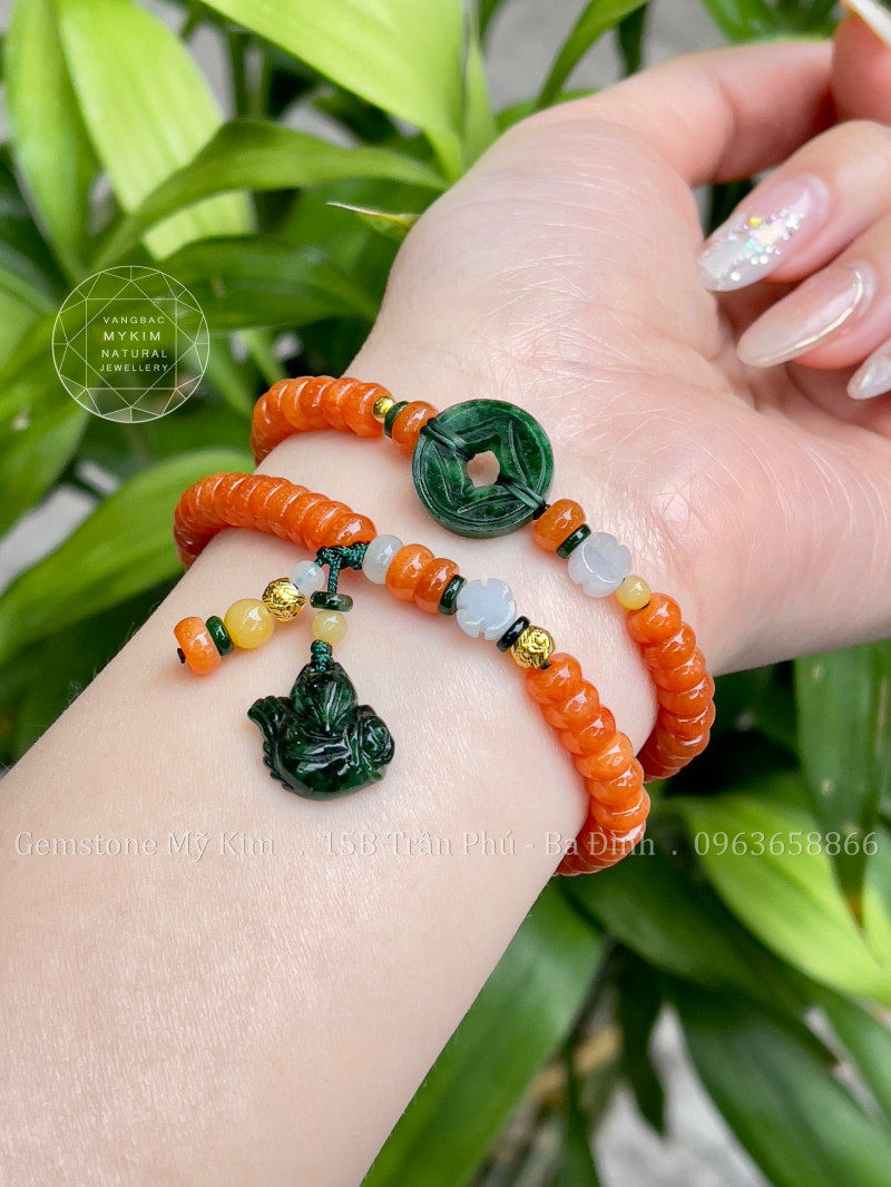 🧡 Bộ Vòng Ngọc Phỉ Thúy Cam – Mix Vàng & Charm Hồ Ly - Đồng Xu Cổ