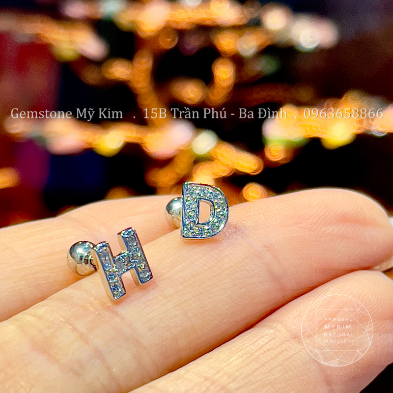 Bông Tai Chữ Bạc Si Vàng Trắng 18k Cao Cấp - 2023 - Size 6x5