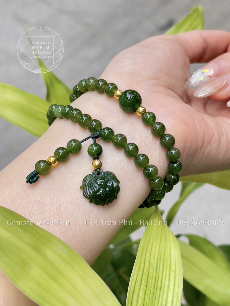 Chuỗi Vòng Ngọc Bích Nephrite Hoa Sen mix Vàng 24k