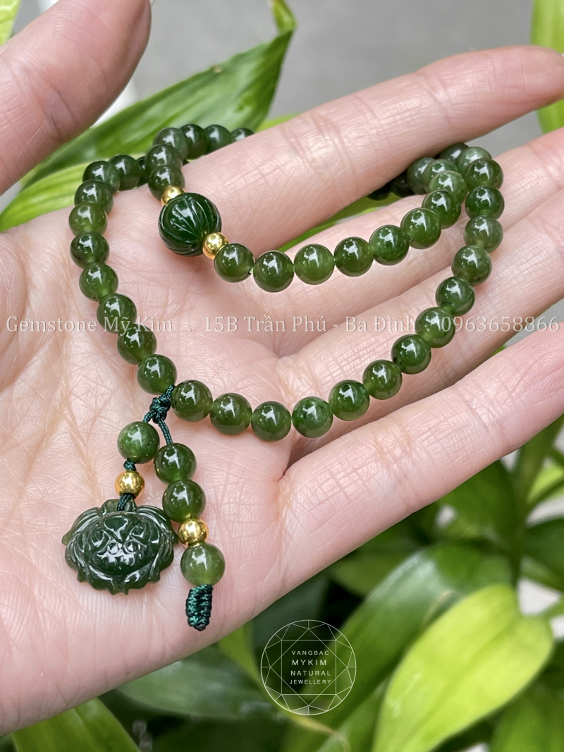 Chuỗi Vòng Ngọc Bích Nephrite Hoa Sen mix Vàng 24k