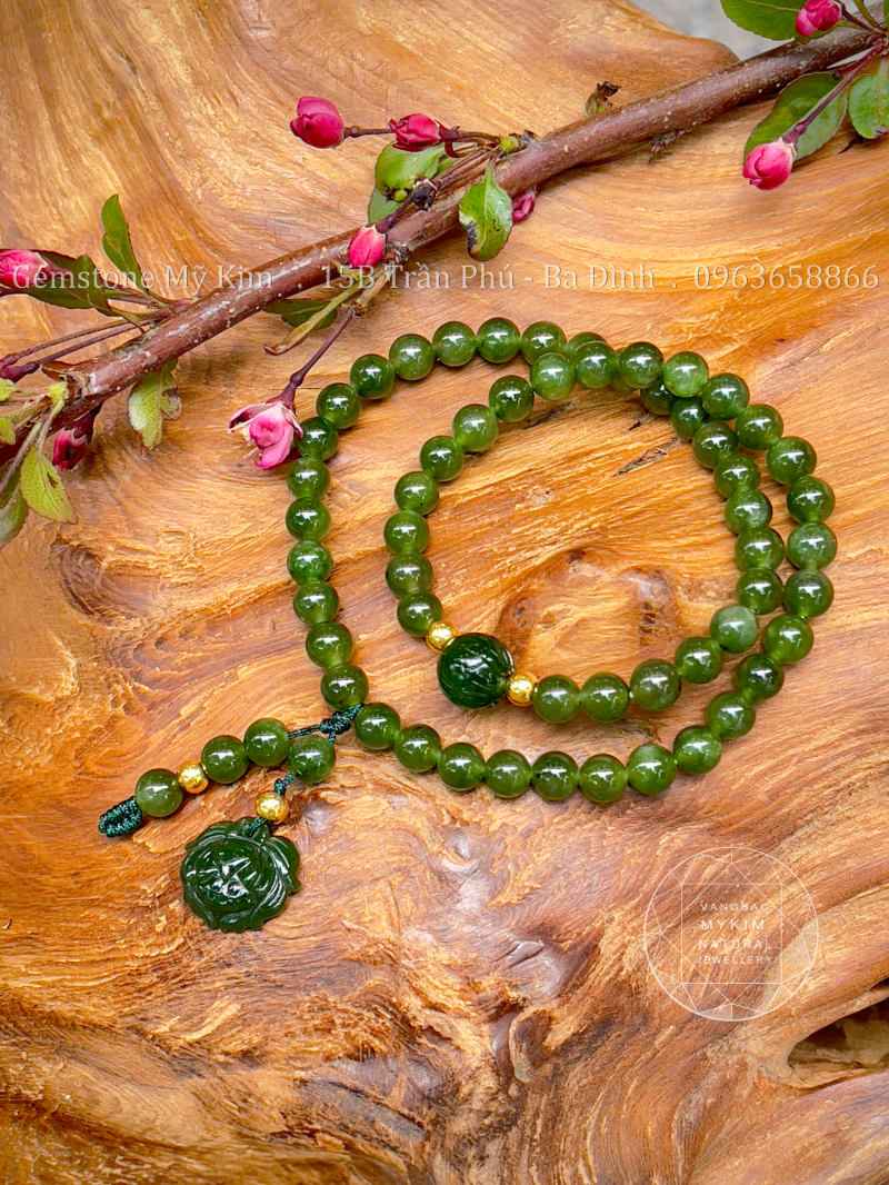 Chuỗi Vòng Ngọc Bích Nephrite Hoa Sen mix Vàng 24k