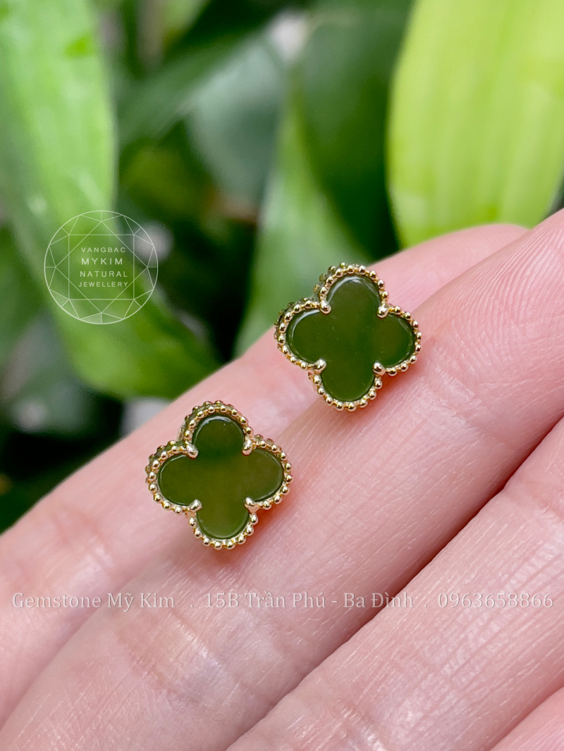 Bông Tai Cỏ Bốn Lá Ngọc Bích Nephrite - Vàng 14k