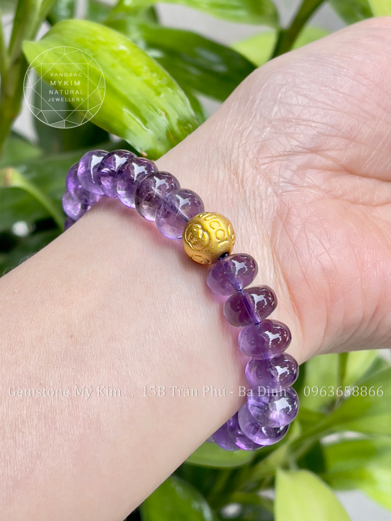 Vòng Thạch Anh Tím Hạt Dẹt mix Charm Vàng 
