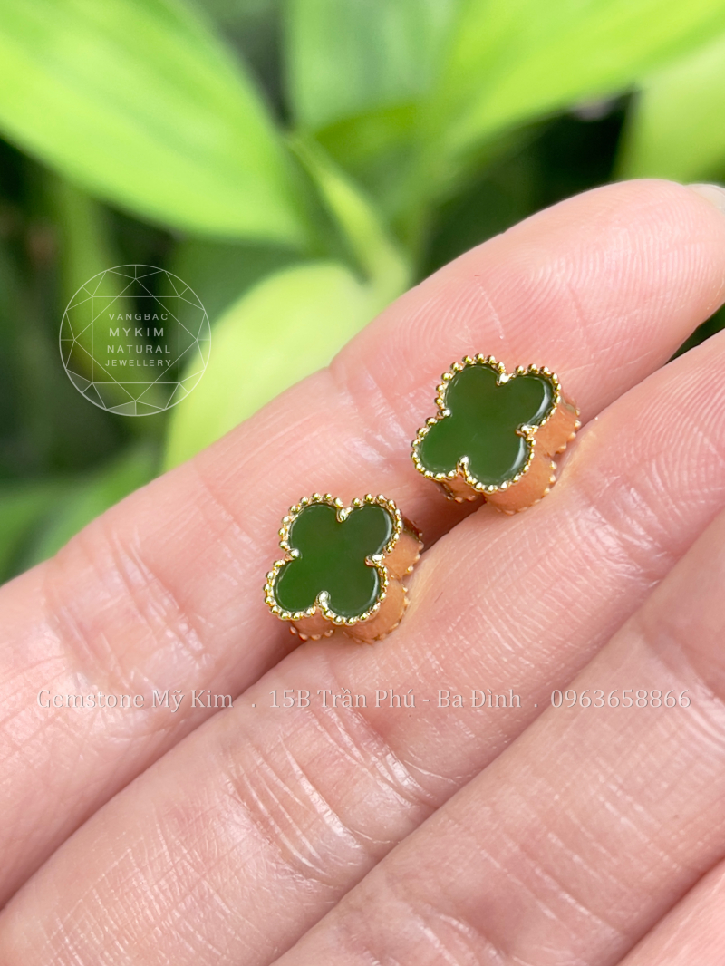 Bông Tai Cỏ Bốn Lá Ngọc Bích Nephrite - Vàng 14k