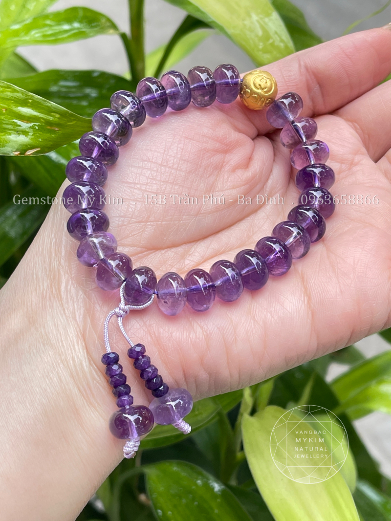 Vòng Thạch Anh Tím Hạt Dẹt mix Charm Vàng 
