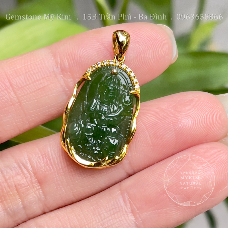 Phật Bản Mệnh Ngọc Bích Nephrite – Phổ Hiền Bồ Tát - Tuổi Thìn và Tỵ - Bọc Kín - Đính Kim Cương TN