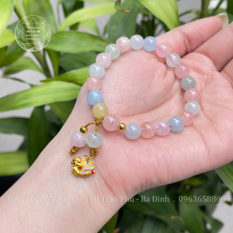 Vòng Tay Đá Beryl Đa Sắc - Charm Hồ Ly Vàng 24k