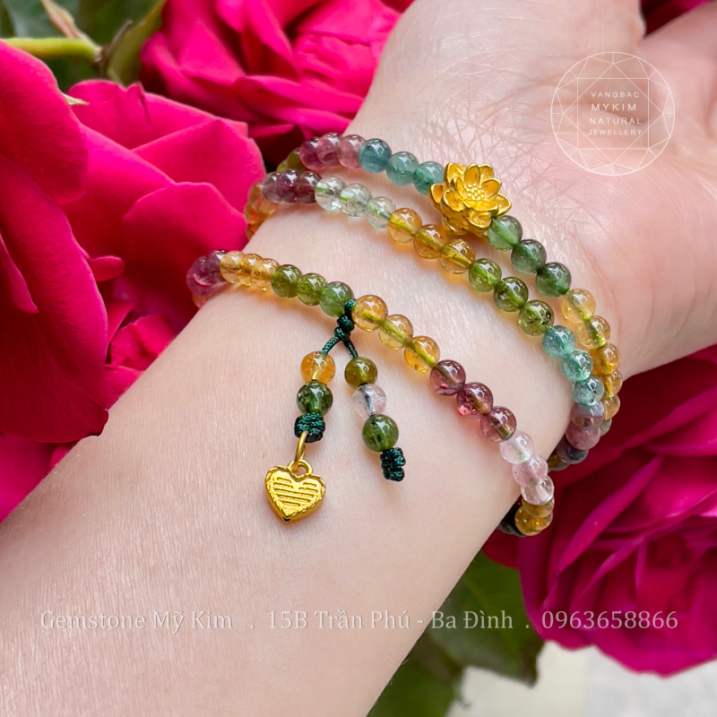 Vòng Tourmaline Đa Sắc - Charm Vàng 24k Hoa Sen
