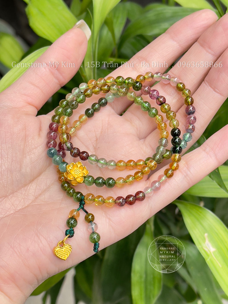 Vòng Tourmaline Đa Sắc - Charm Vàng 24k Hoa Sen