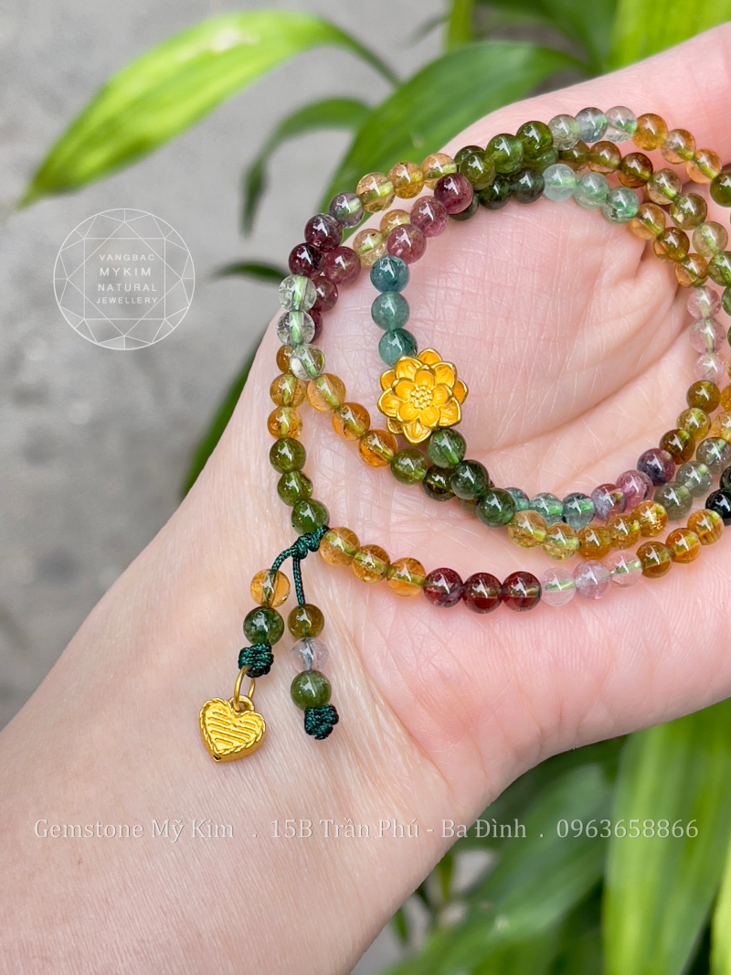 Vòng Tourmaline Đa Sắc - Charm Vàng 24k Hoa Sen