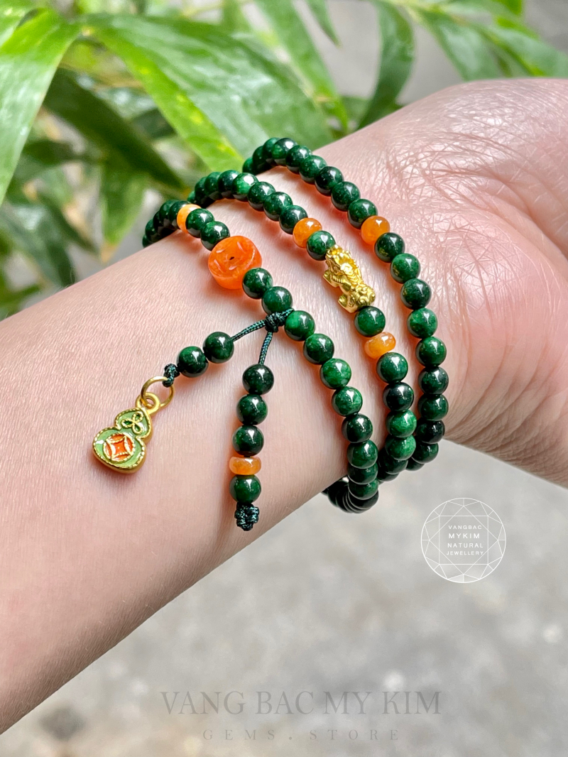 Chuỗi Vòng Đá Sơn Thủy mix Ngọc Jadeite - Charm Hồ Lô Vàng 24k