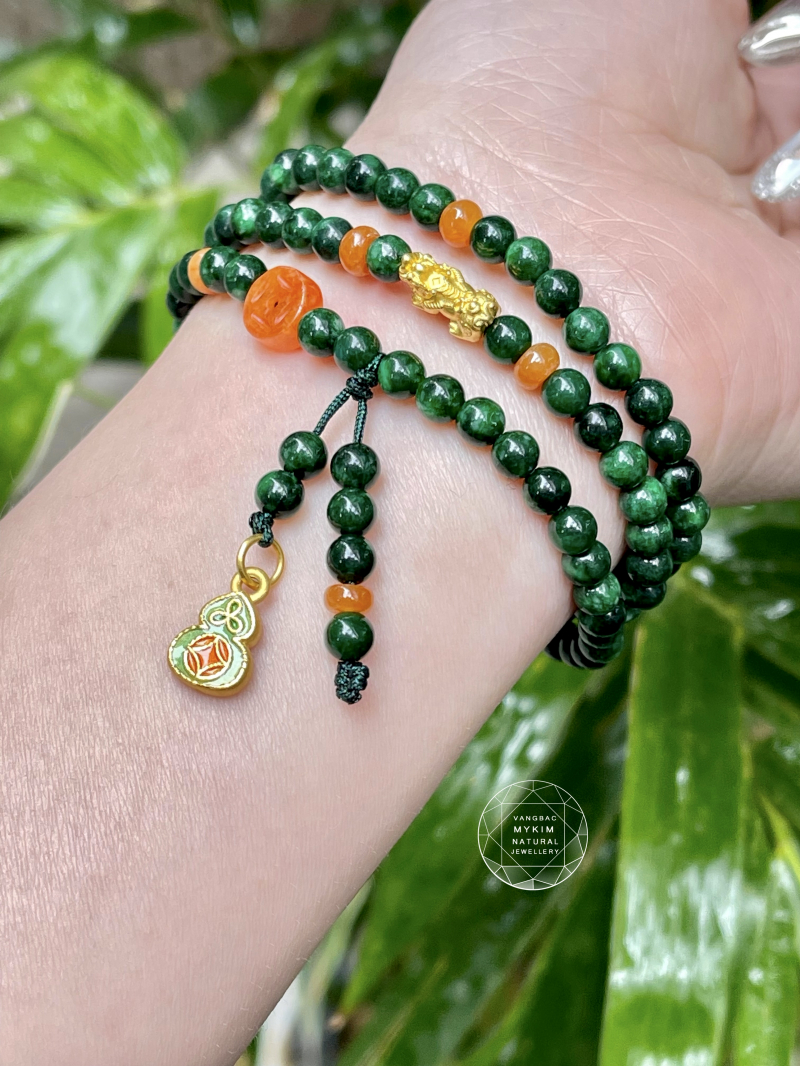 Chuỗi Vòng Đá Sơn Thủy mix Ngọc Jadeite - Charm Hồ Lô Vàng 24k