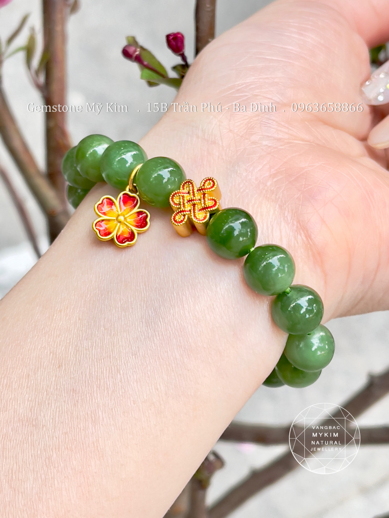 Vòng Ngọc Bích Nephrite - Charm Vàng 24k Hoa Mai - Dây Kết Đồng Tâm