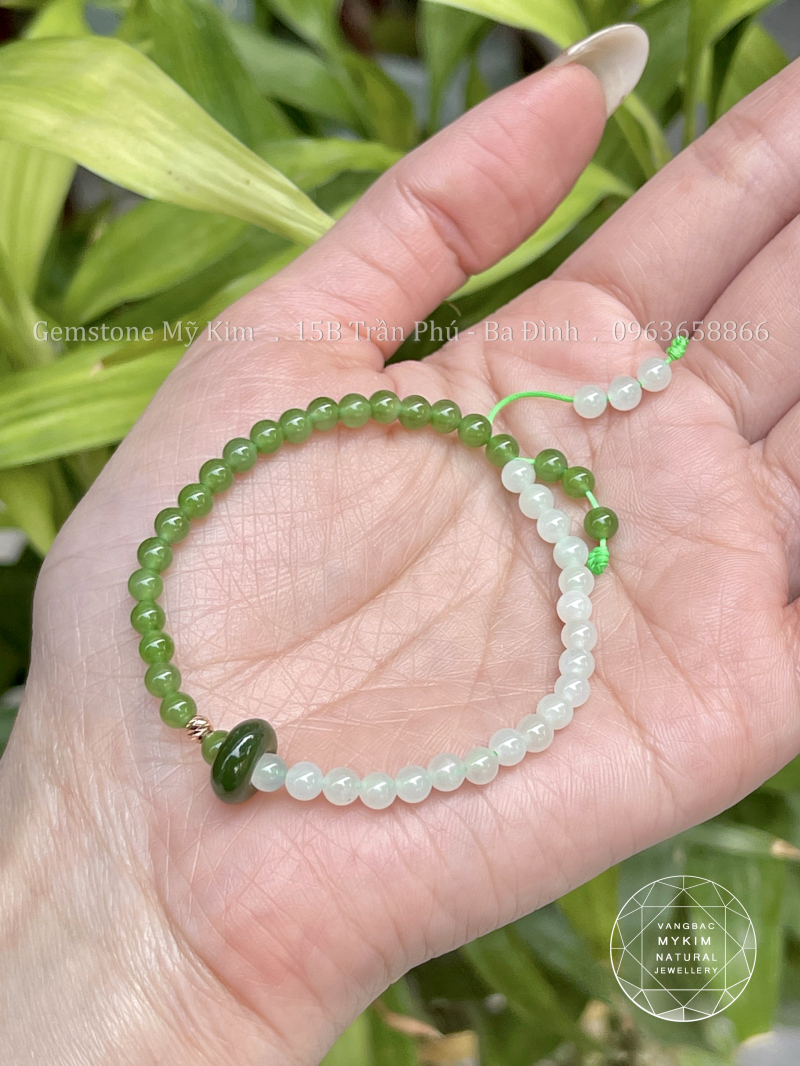Dây Tết Ngọc Bích Nephrite Xanh Trắng - Vàng 18k