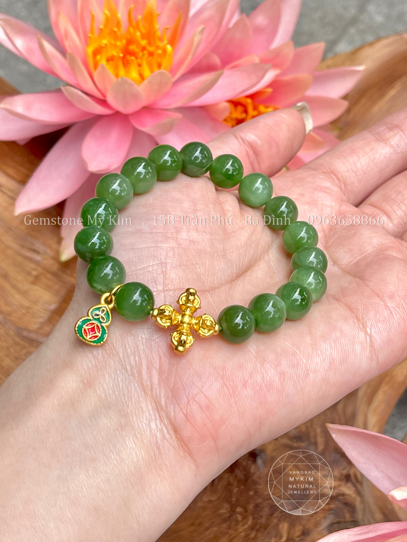 Vòng Ngọc Bích Nephrite - Charm Vàng 24k Kim Cang - Hồ Lô