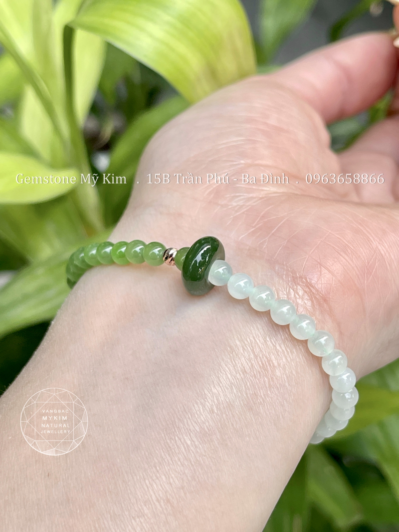 Dây Tết Ngọc Bích Nephrite Xanh Trắng - Vàng 18k