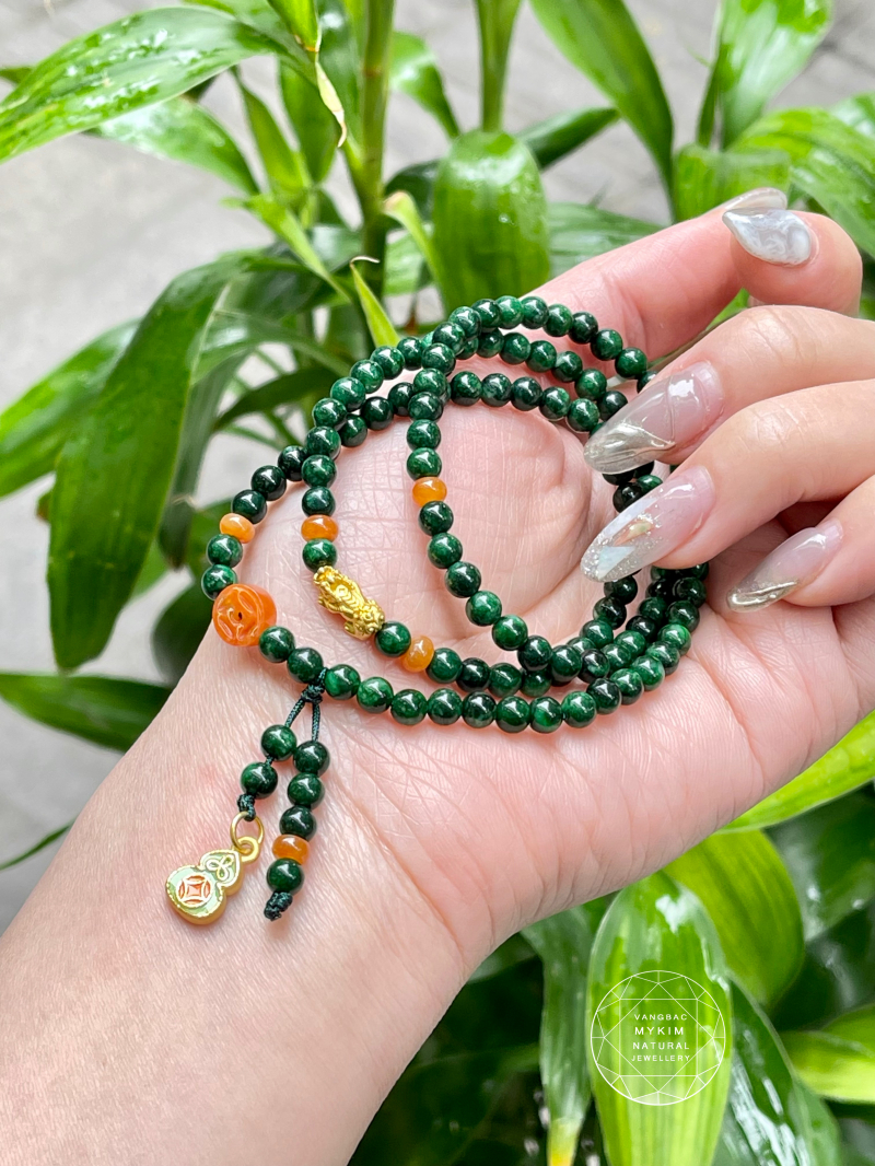 Chuỗi Vòng Đá Sơn Thủy mix Ngọc Jadeite - Charm Hồ Lô Vàng 24k