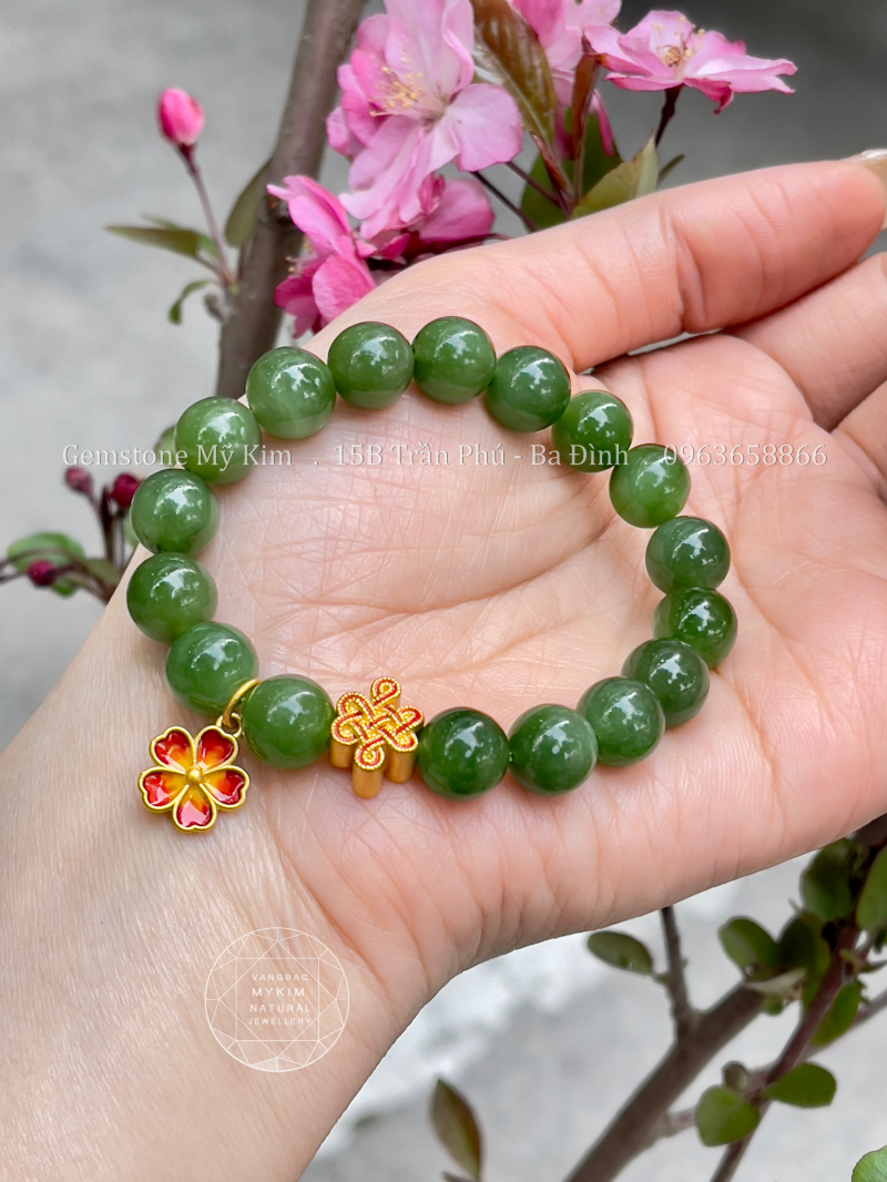 Vòng Ngọc Bích Nephrite • Charm Hoa Mai Vàng & Dây Kết Đồng Tâm • Bình An - Tài Lộc - Phong Thủy