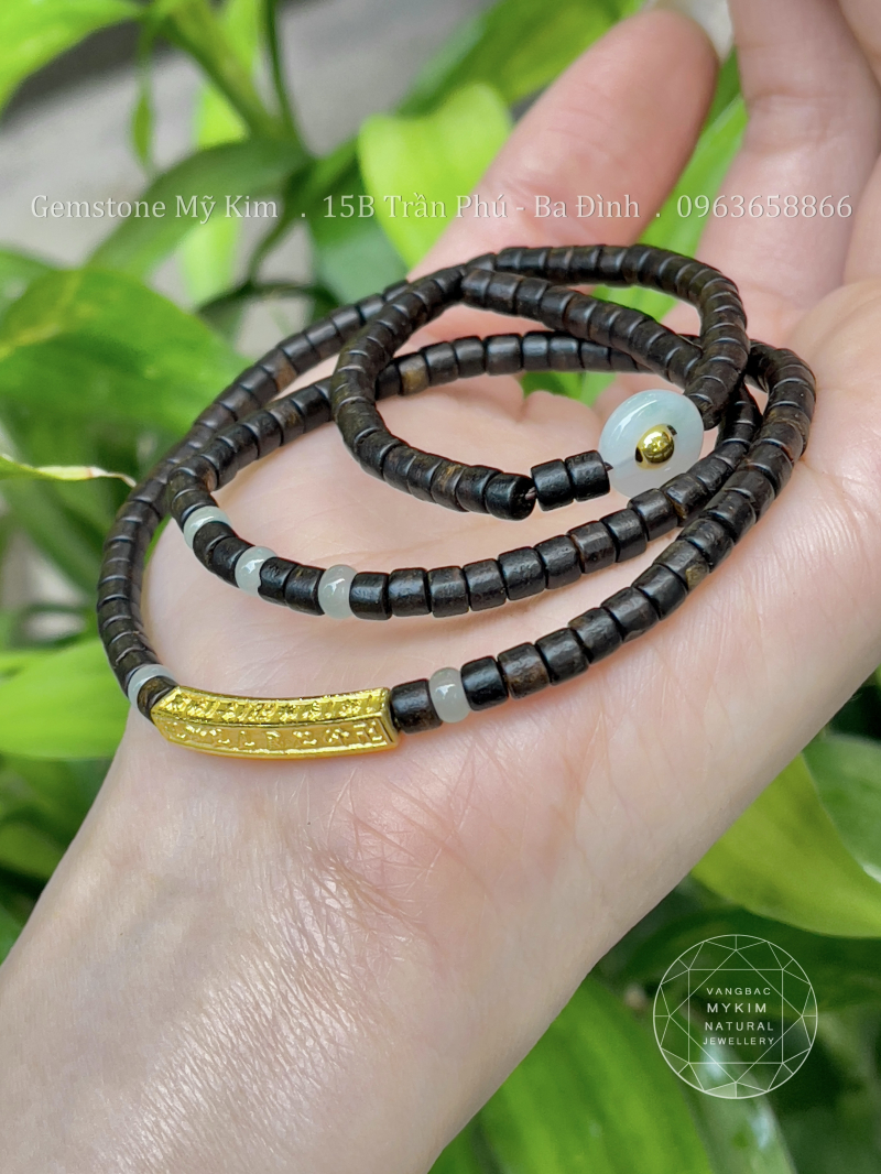 Chuỗi Vòng Trầm Indo Đốt Trúc - Ngọc Jadeite - Vàng 24k