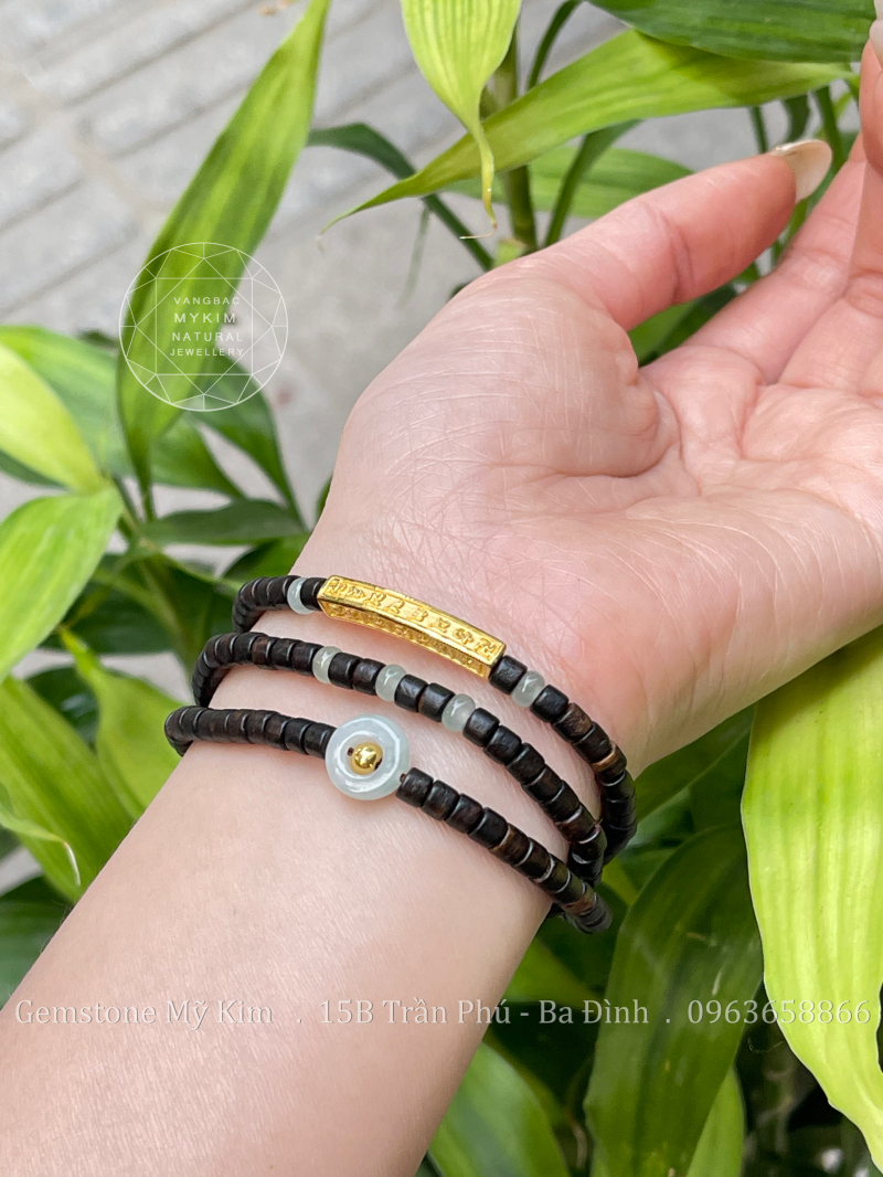 Chuỗi Vòng Trầm Indo Đốt Trúc - Ngọc Jadeite - Vàng 24k