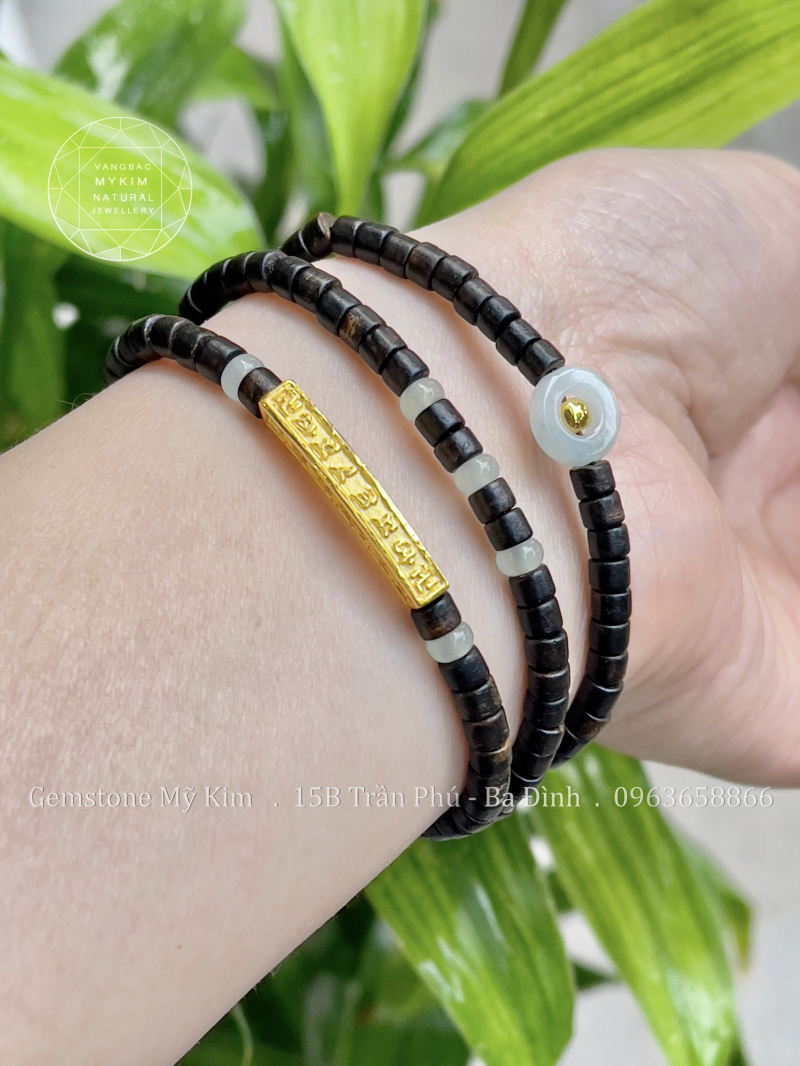 Chuỗi Vòng Trầm Indo Đốt Trúc - Ngọc Jadeite - Vàng 24k