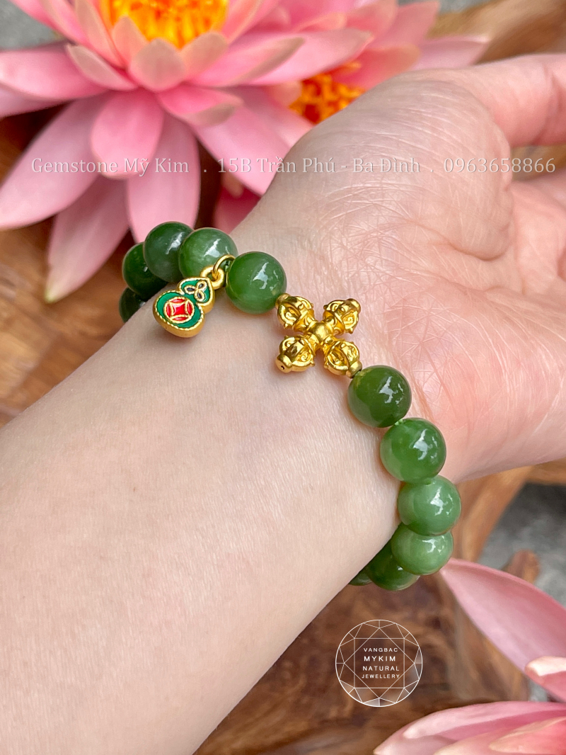 Vòng Ngọc Bích Nephrite - Charm Vàng 24k Kim Cang - Hồ Lô
