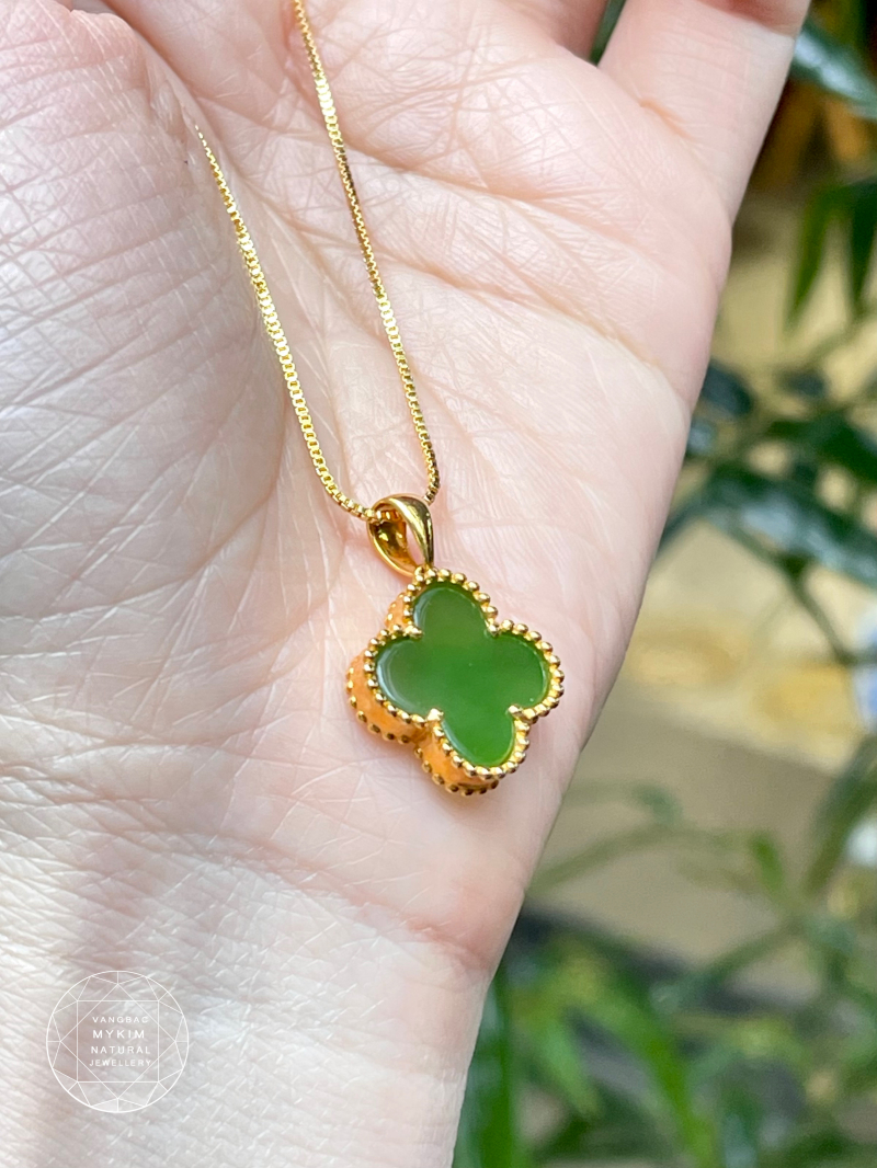 Mặt Dây Cỏ Bốn Lá Ngọc Bích Nephrite - Vàng 10k