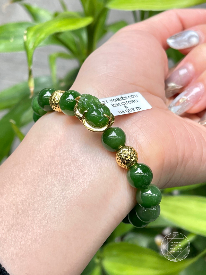 Vòng Ngọc Bích Nephrite Bọc Tỳ Hưu - Vàng 10k