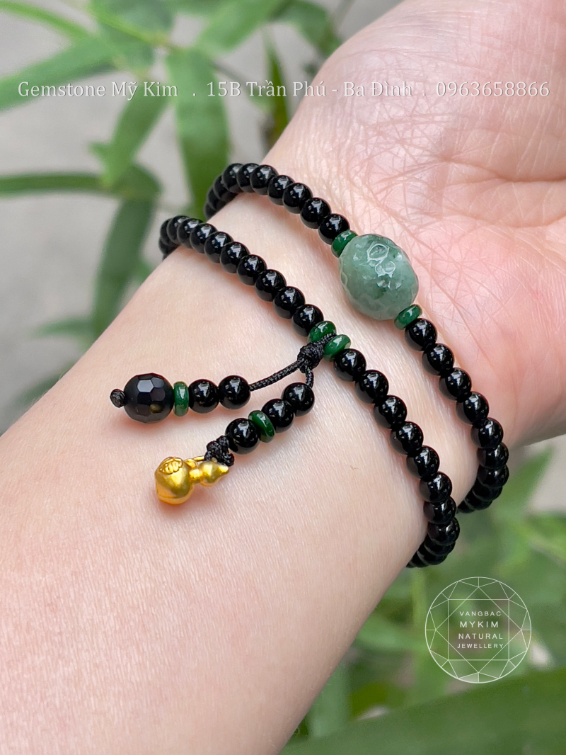 Chuỗi Vòng Mã Não Đen - Ngọc Jadeite - Charm Vàng Hồ Lô