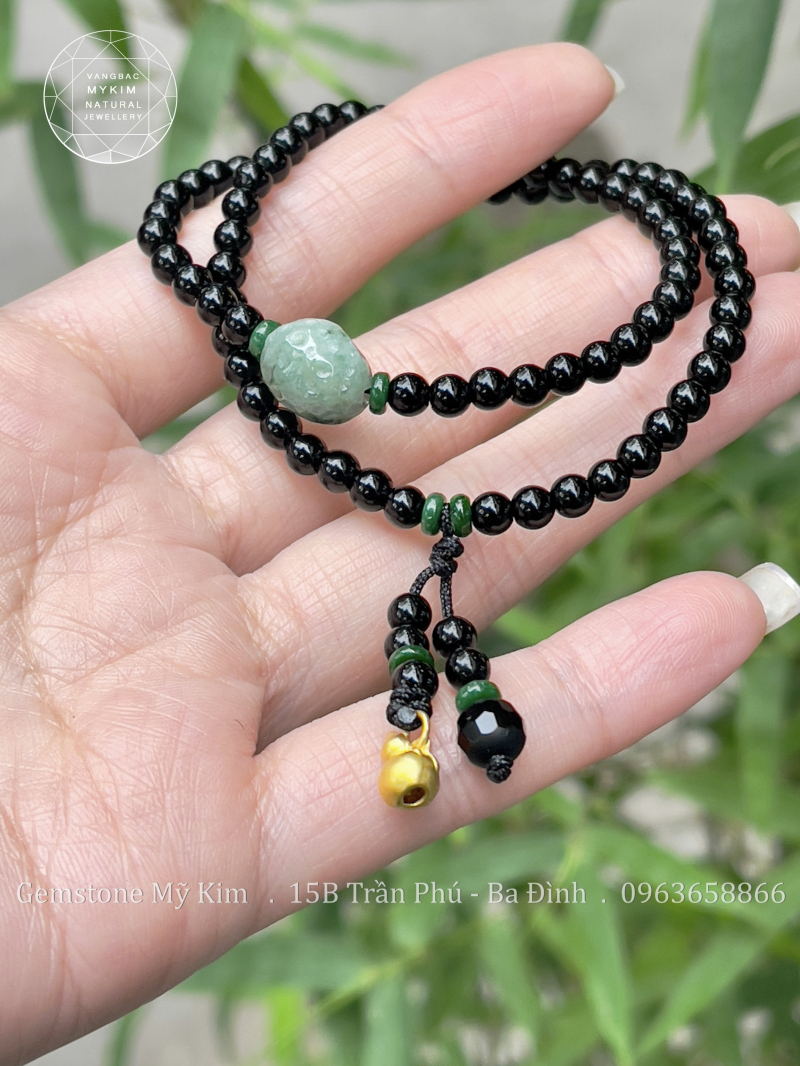 Chuỗi Vòng Mã Não Đen - Ngọc Jadeite - Charm Vàng Hồ Lô