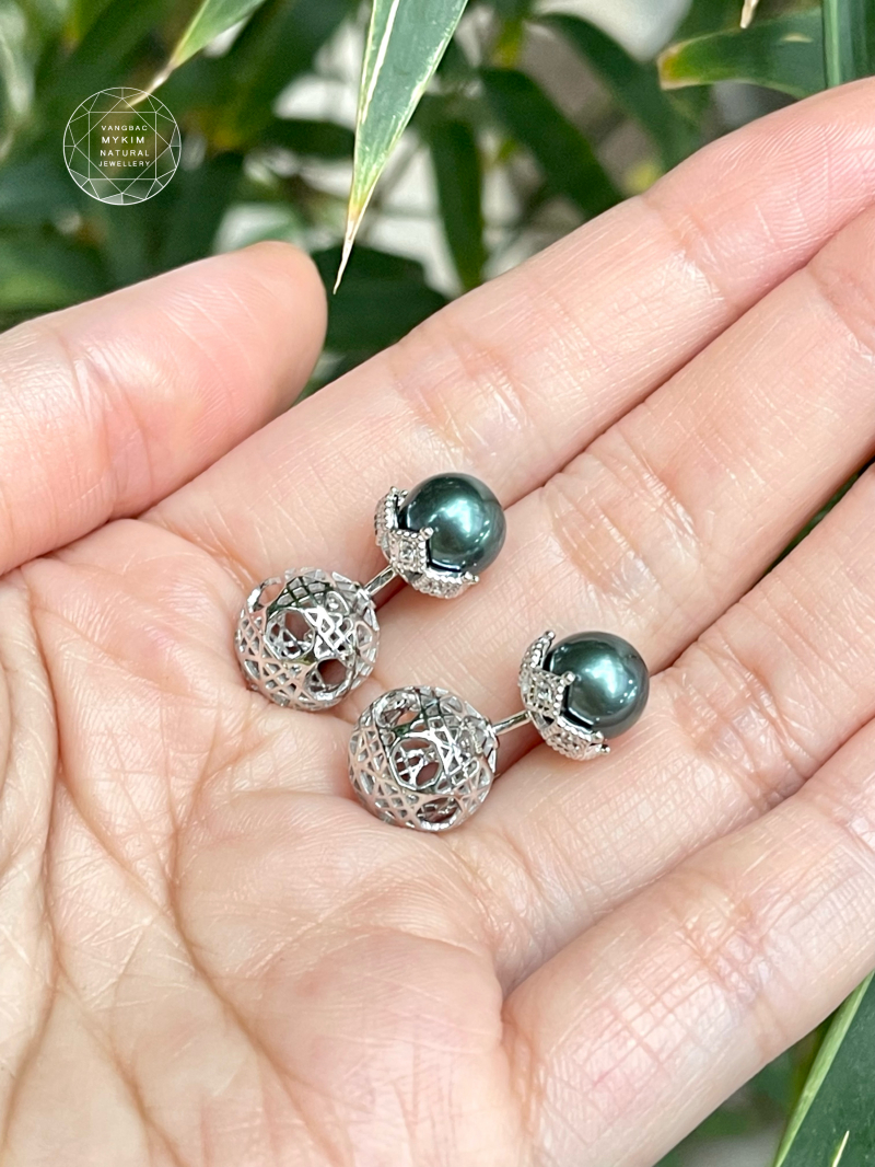 Bông Tai Ngọc Trai Đen Ánh Xanh Thiên Nhiên - Vàng Trắng 14k