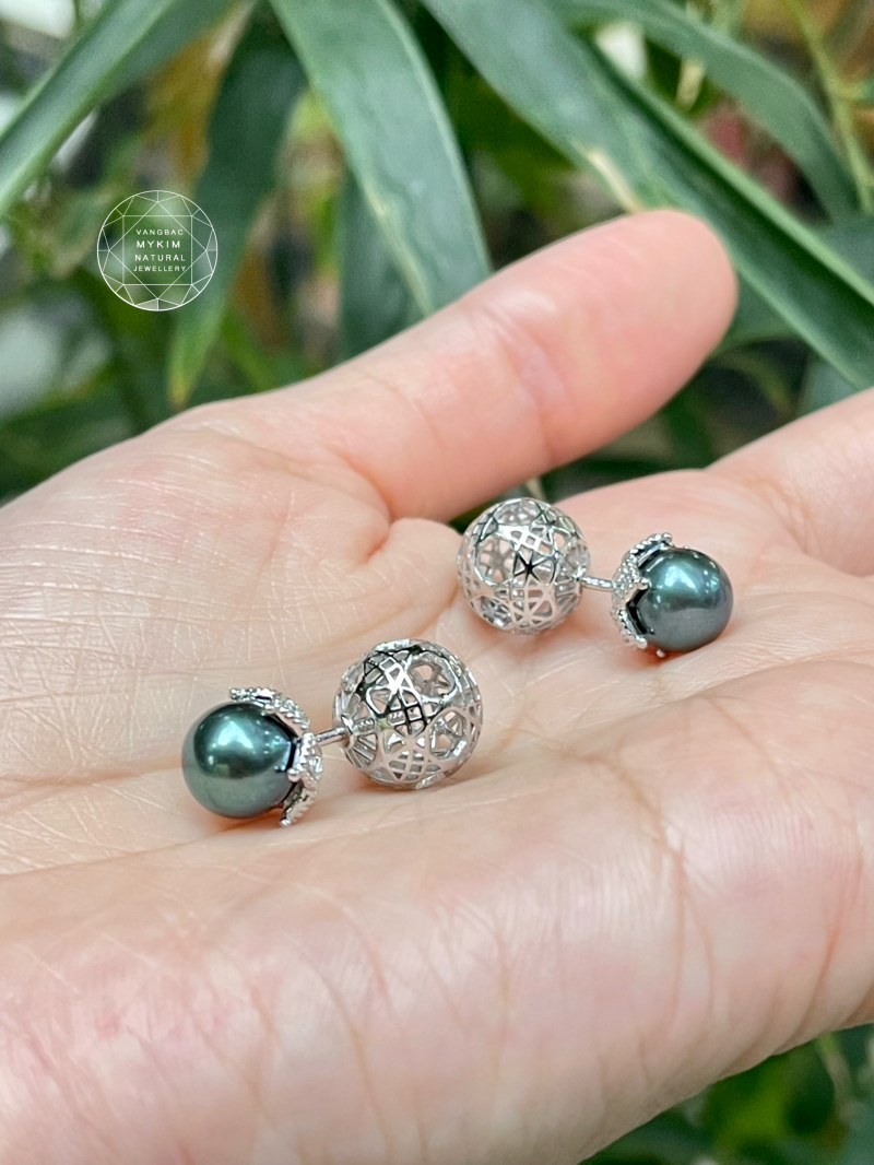 Bông Tai Ngọc Trai Đen Ánh Xanh Thiên Nhiên - Vàng Trắng 14k