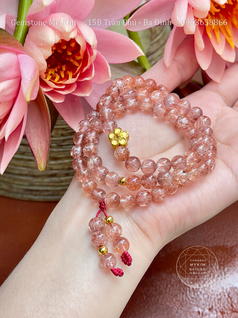 Chuỗi Thạch Anh Hồng Vân - Charm Hoa Mai Vàng 24k